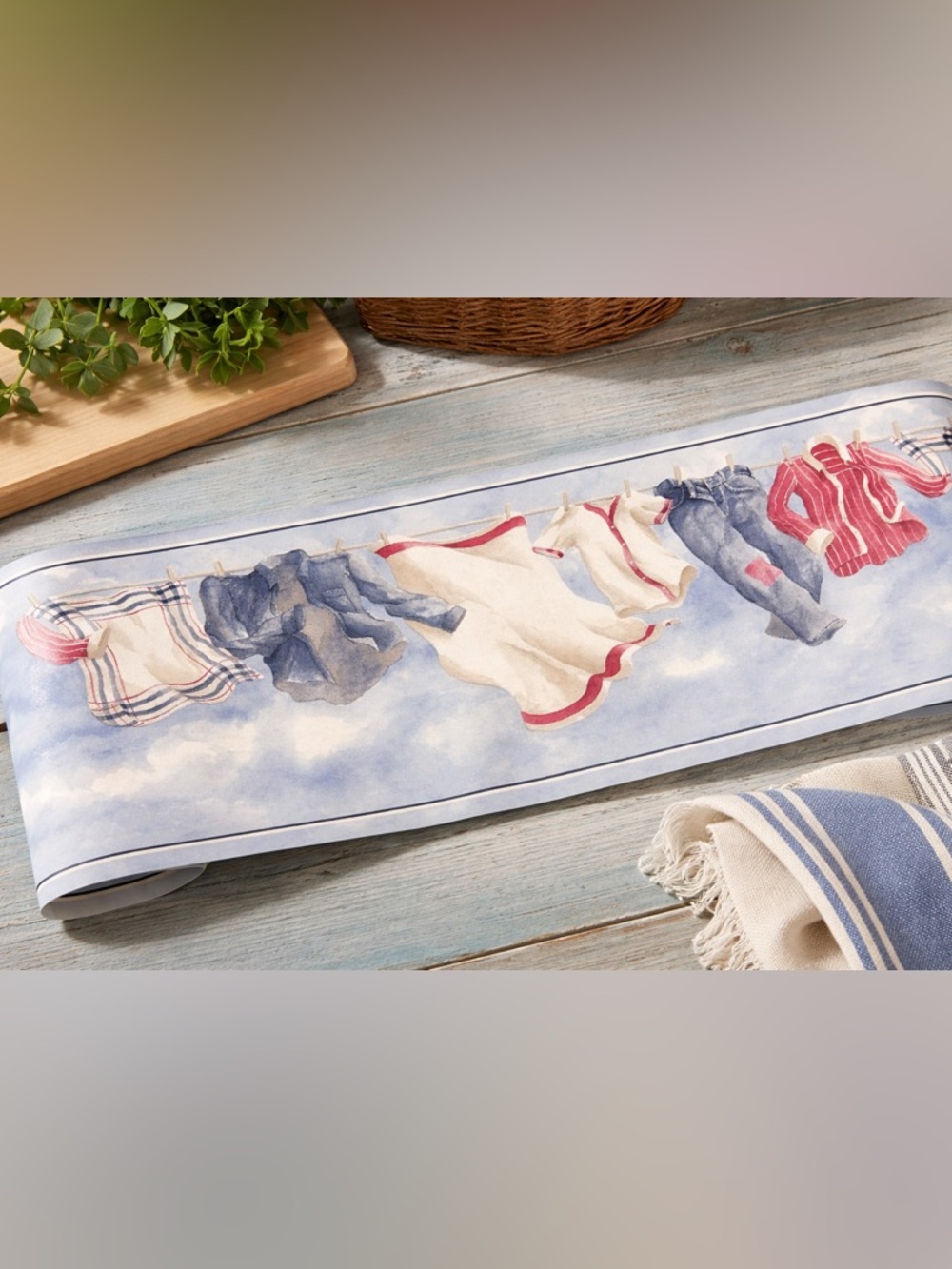 Vintage Laundry Clothesline Wallpaper Border Lot Blue Sky Cottage Core 15ft NOS